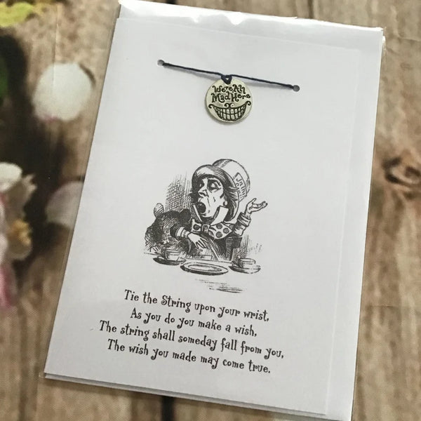 Alice in Wonderland Mad Hatter card with lucky bracelet, wish bracelet