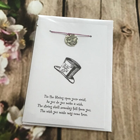 Alice in Wonderland We’re All Mad Here card with lucky bracelet, wish bracelet TOP HAT