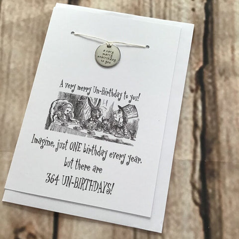 A Very Merry Un-Birthday to you! Card - Tea Party - with lucky bracelet, wish bracelet (WHITE CARD)