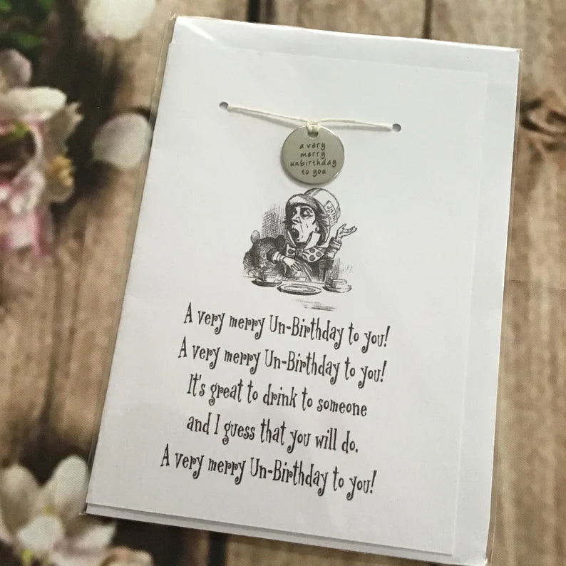 A Very Merry Un-Birthday to you! Card - Tea Party - with lucky bracelet, wish bracelet (WHITE CARD)