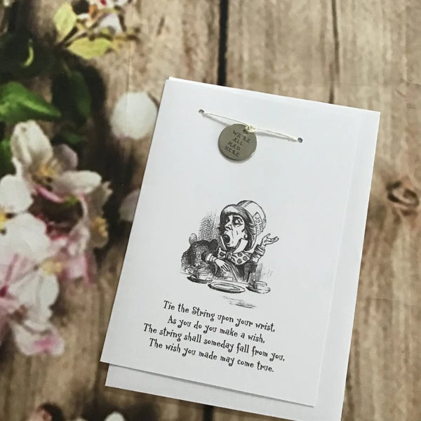 Alice in Wonderland Mad Hatter card with lucky bracelet, wish bracelet