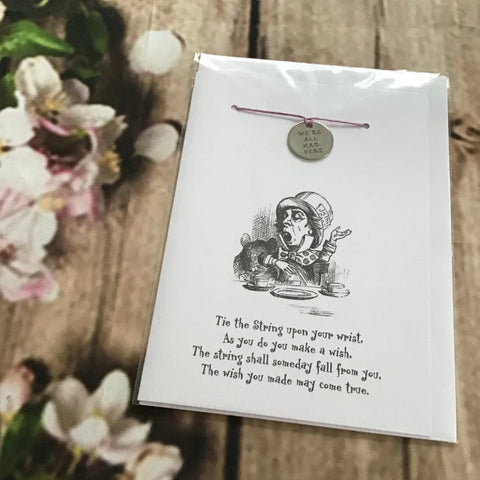 Alice in Wonderland Mad Hatter card with lucky bracelet, wish bracelet