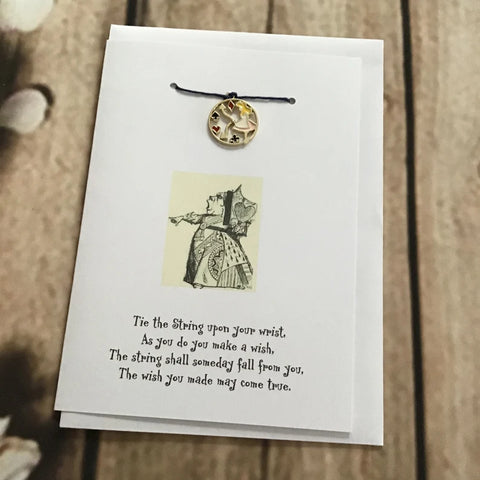 Alice in Wonderland, Queen of Hearts Card, colourful clock charm with lucky bracelet, wish bracelet (CREAM CARD)