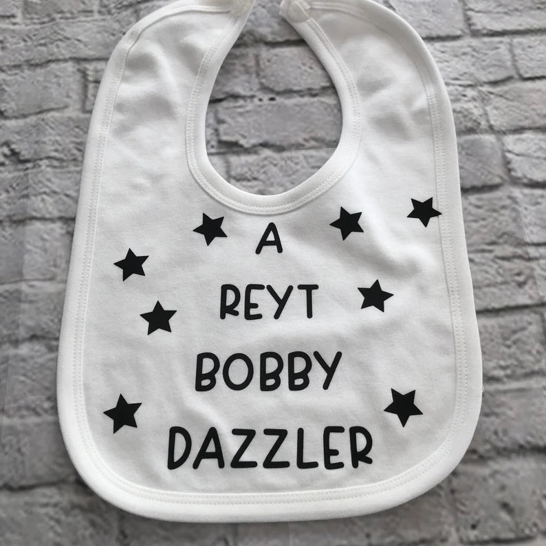 Reyt Bobby Dazzler Bib, baby gift, Yorkshire baby. Baby hat.