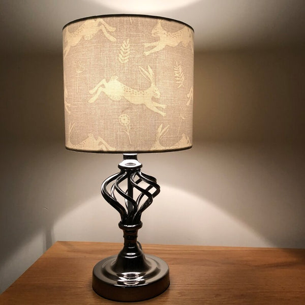 Light grey and white leaping hare fabric. Drum lampshade/pendant shade. 20cm,30cm,40cm.