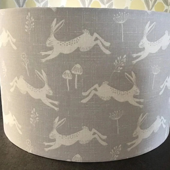 Light grey and white leaping hare fabric. Drum lampshade/pendant shade. 20cm,30cm,40cm.