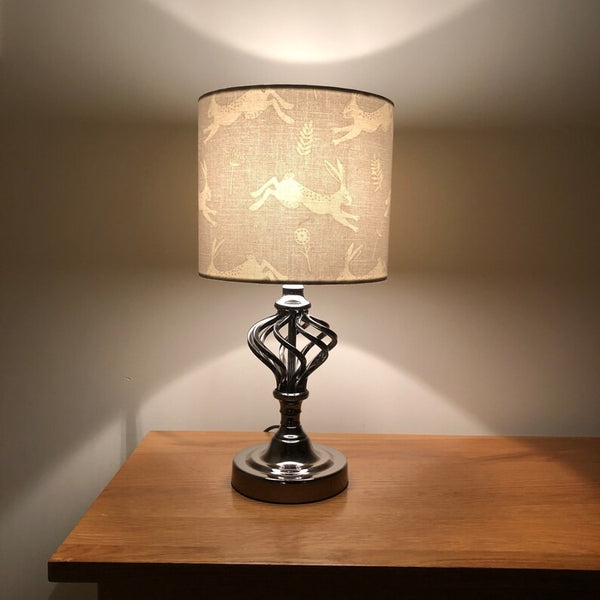 Light grey and white leaping hare fabric. Drum lampshade/pendant shade. 20cm,30cm,40cm.