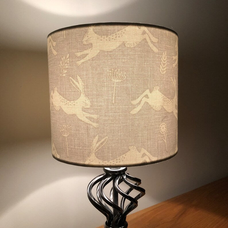 Light grey and white leaping hare fabric. Drum lampshade/pendant shade. 20cm,30cm,40cm.