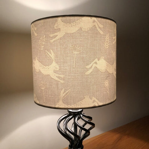 Light grey and white leaping hare fabric. Drum lampshade/pendant shade. 20cm,30cm,40cm.